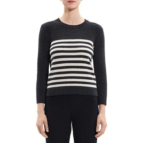 NWT Theory Shrunken ST Felted Wool Cashmere Crew Neck Sweater L Pullover Stripe - Picture 13 of 13